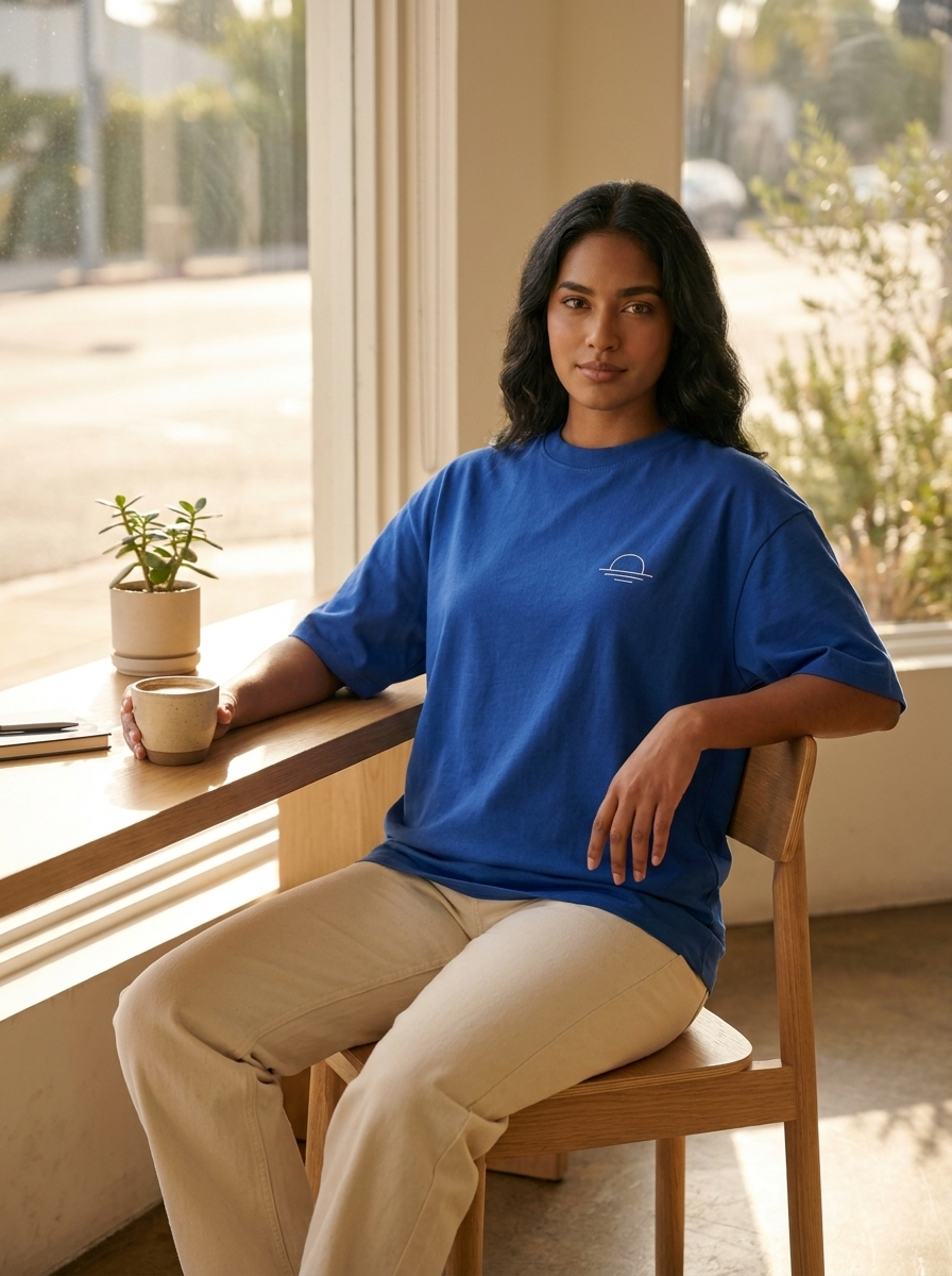 Modelo con la remera Cumbre sentada en un café